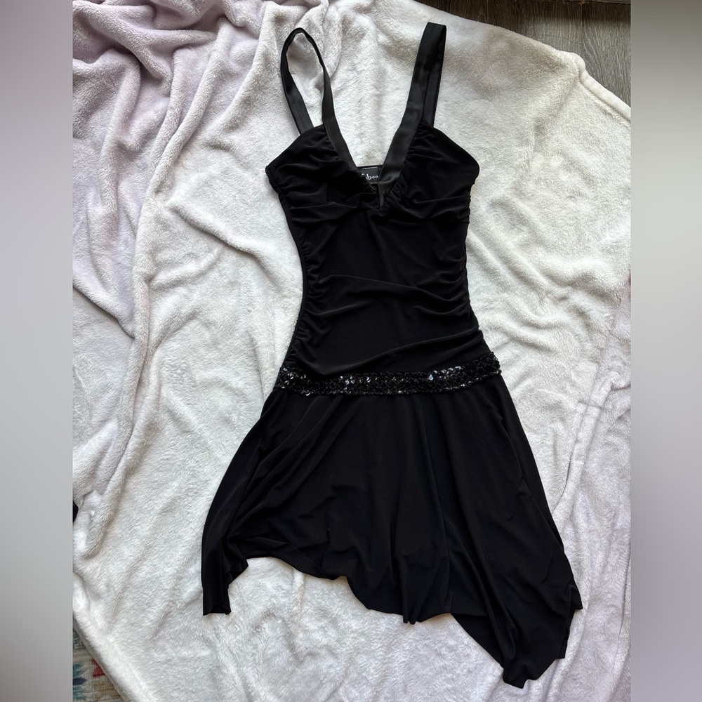 Taboo Black deep v neckline asymmetrical mini dress with sequins
